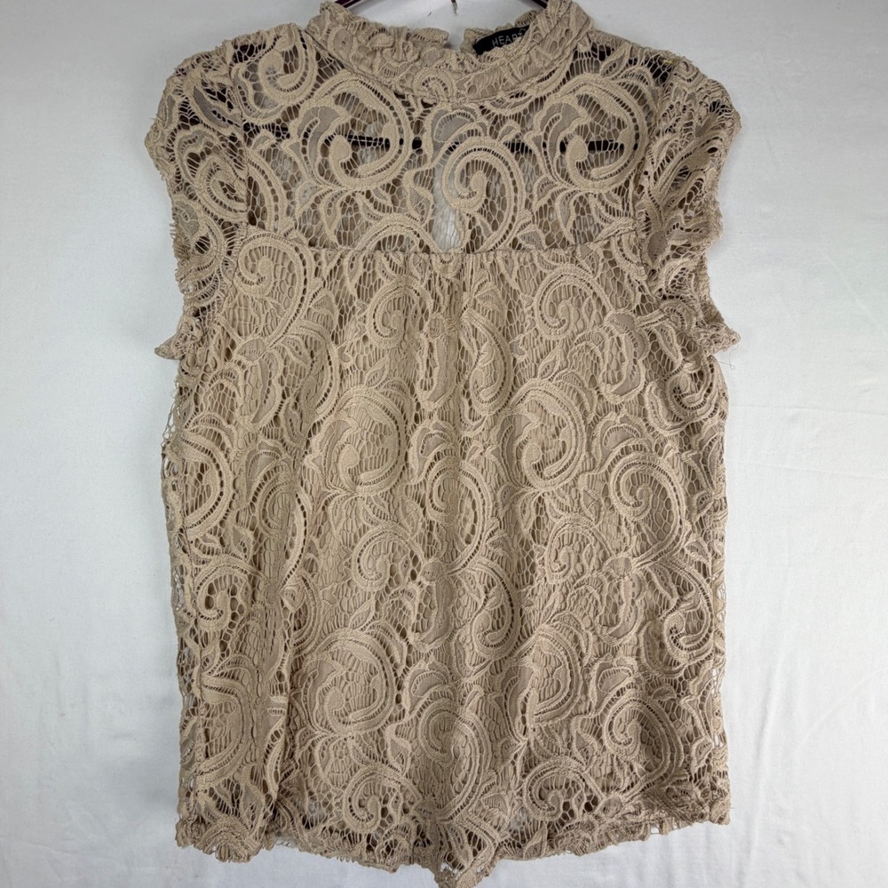 Heart Soul Women Tan Lace Mock Neck Sleeveless Blouse Top Large 1356